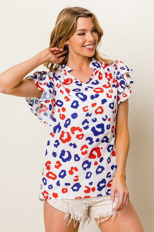 BiBi Blouse Colorful Leopard Print Notched Ruffled Cap Short Sleeve Top e1916591-aed8-449f-9b0e-69637596341c-Max Trendsi