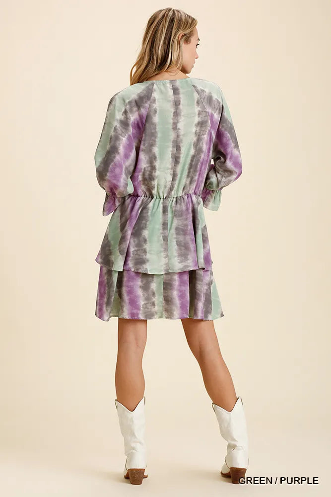 Umgee Tie Dye Mini Dress Purple Green Ruffled Layered with Elastic Waistband e1a4cfc2-67e1-48b4-9156-0bfbd43b4d95-Max-Origin Trendsi
