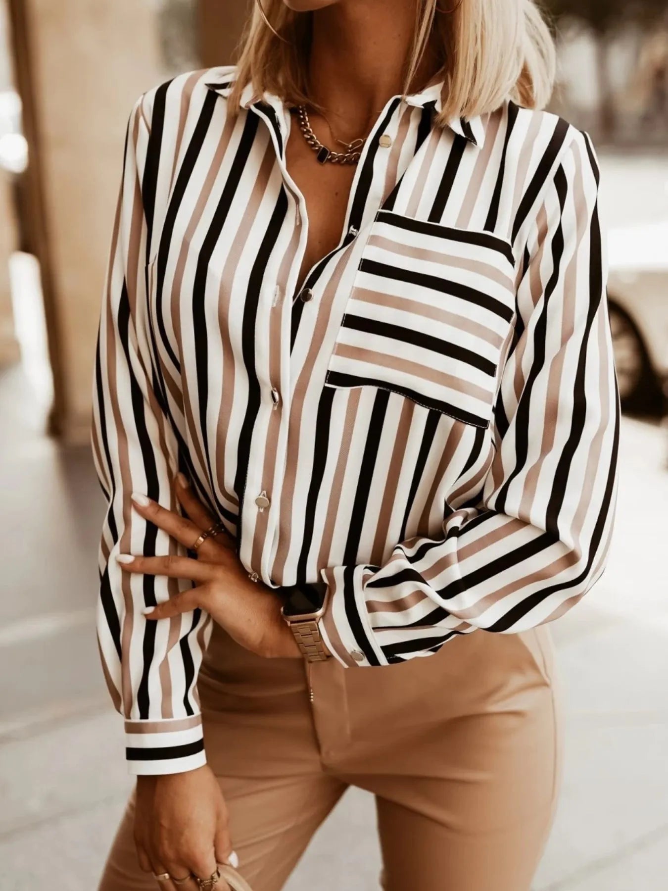 Women's Shirt Striped Long Sleeve Casual Pocketed Top Khaki Stripes e1a91cfb-c9fa-4fa2-acc1-e28cd94a47d9-Max-Origin Trendsi