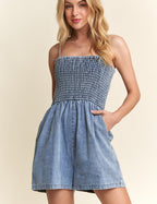 ADORA USA Denim Short Romper Smocked Spaghetti Strap Blue Pocketed e1a996af-400a-4139-81a0-b81f512dd980-Max Trendsi