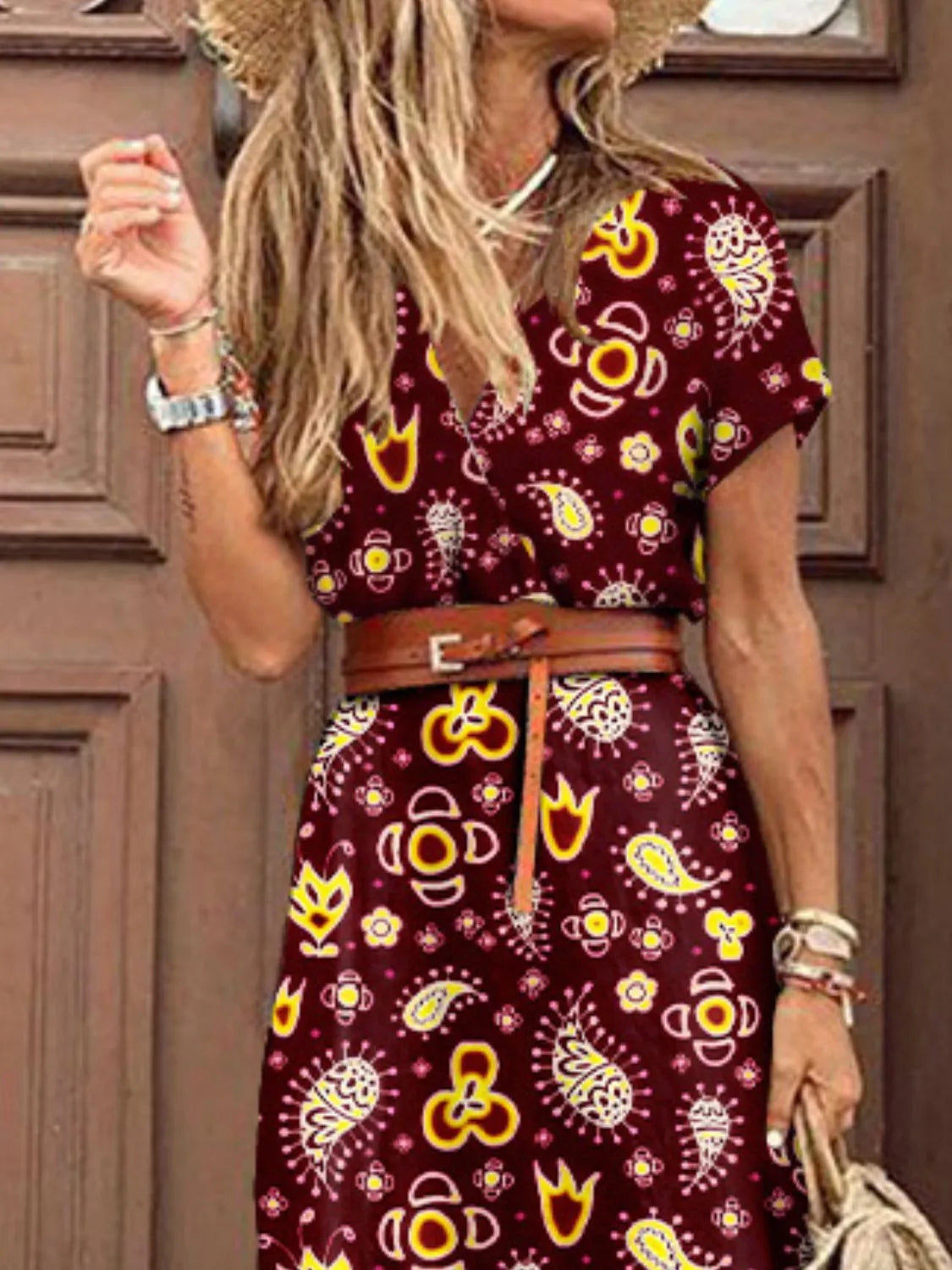 Maxi Dress Paisley Printed V-Neck Short Sleeve Boho Front Slit e1aab334-9ff6-45b0-b9e0-70d497e4d578-Max-Origin Trendsi