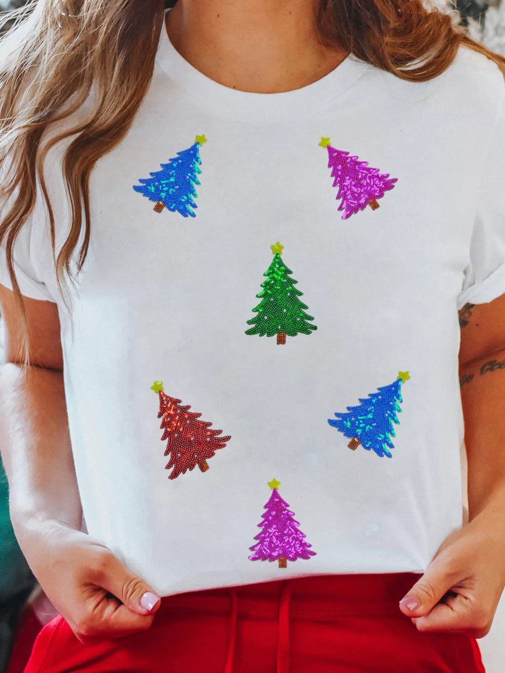 Womens White T-Shirt Christmas Tree Sequns Relaxed Fit Top Tee e1ad12dba8c141eba7f8297a00b385fe-Max-Origin Trendsi