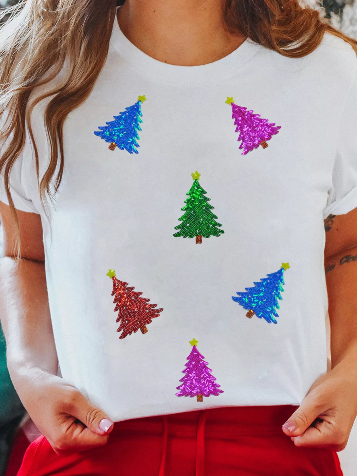 Womens White T-Shirt Christmas Tree Sequns Relaxed Fit Top Tee e1ad12dba8c141eba7f8297a00b385fe-Max-Origin Trendsi