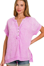 Zenana Top Washed Double Gauze Half Button Henley Neck Shirt Blouse BRIGHT MAUVE e1afe579-d799-4da8-8c40-55cca4559432-Max-Origin Trendsi
