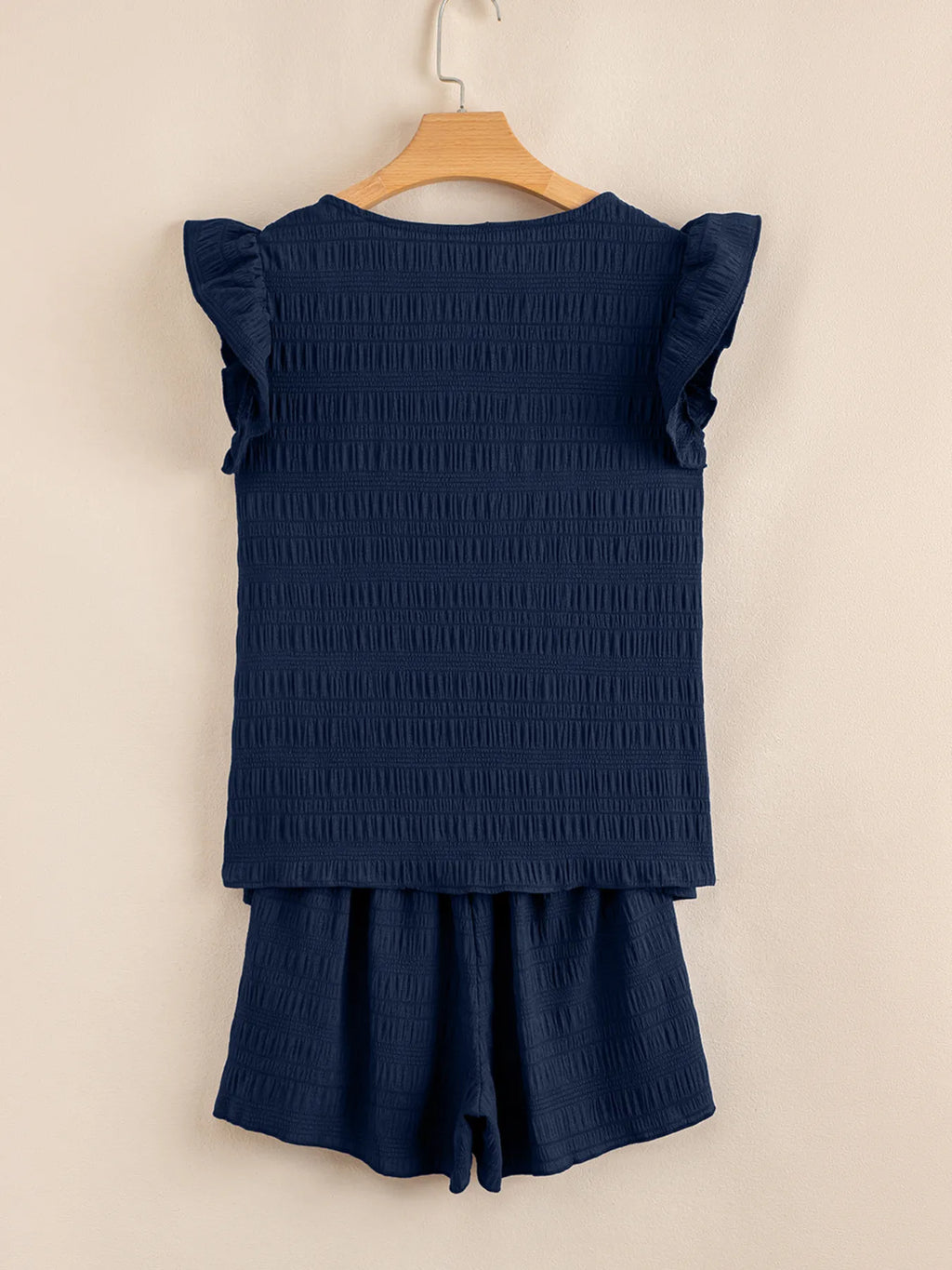 Women's Set Navy Textured Square Neck Top and Shirred High Waist Shorts 2 Pcs e1b962badd7a4ba8ad305bf31a49452b-Max-Origin Trendsi