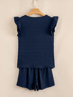 Women's Set Navy Textured Square Neck Top and Shirred High Waist Shorts 2 Pcs e1b962badd7a4ba8ad305bf31a49452b-Max-Origin Trendsi