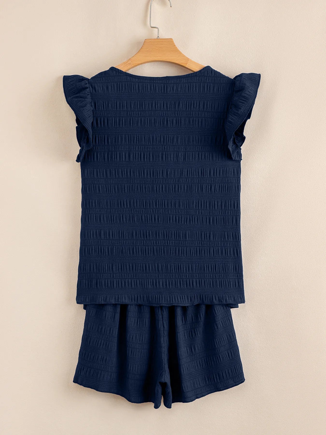 Women's Set Navy Textured Square Neck Top and Shirred High Waist Shorts 2 Pcs e1b962badd7a4ba8ad305bf31a49452b-Max-Origin Trendsi