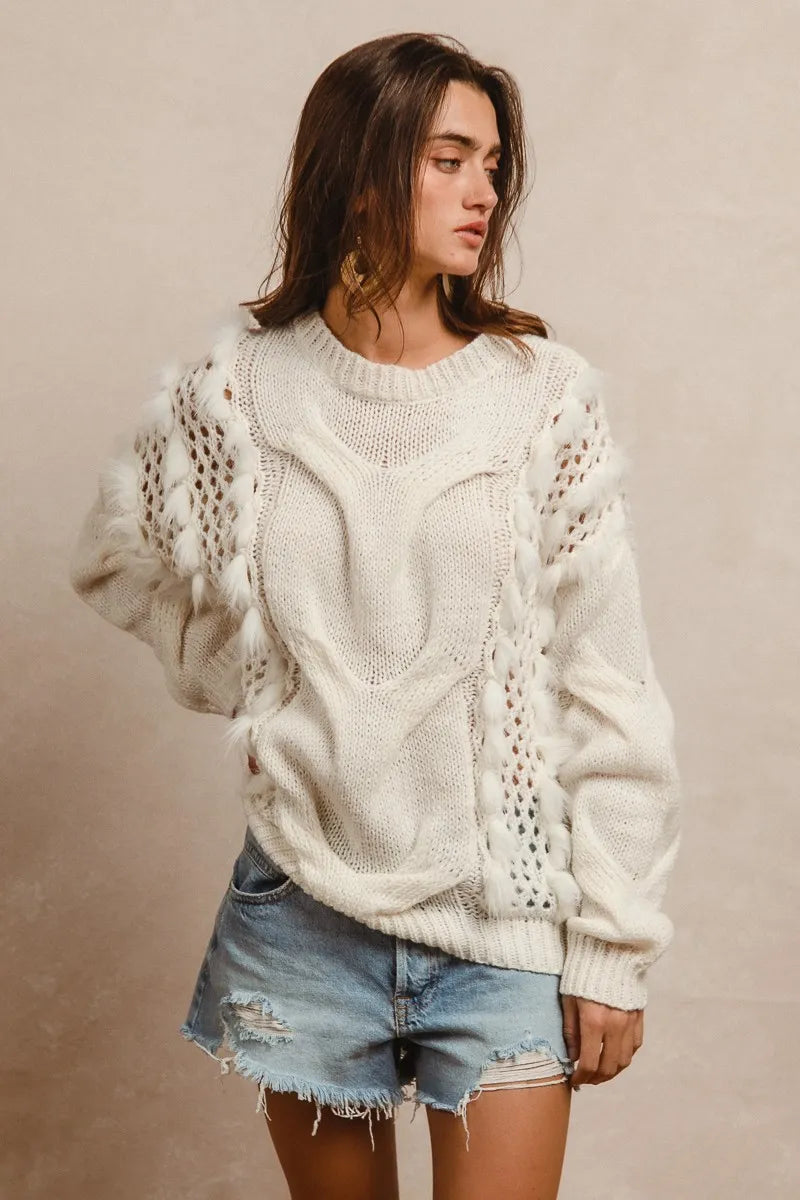 BiBi Sweater Ivory Faux Fur Detailed Pointelle Cable Knit Top e1c630fe6c2c4a4e8e47ede5b44191c4-Max-Origin Trendsi