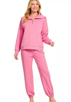 Zenana Womens Joggers Set Candy Pink Scuba Half Zip Sweatshirts and Pants CANDY PINK e1caade522ba4dcd88c6612d1d4f306d-Max-Origin Trendsi