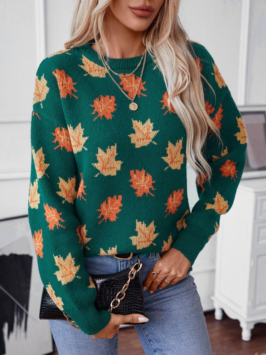 Maple Leaf Sweater Round Neck Long Sleeve Green Pullover French Blue e1cbca81-4af9-44fe-b1f5-a98bbc216d53-Max Trendsi