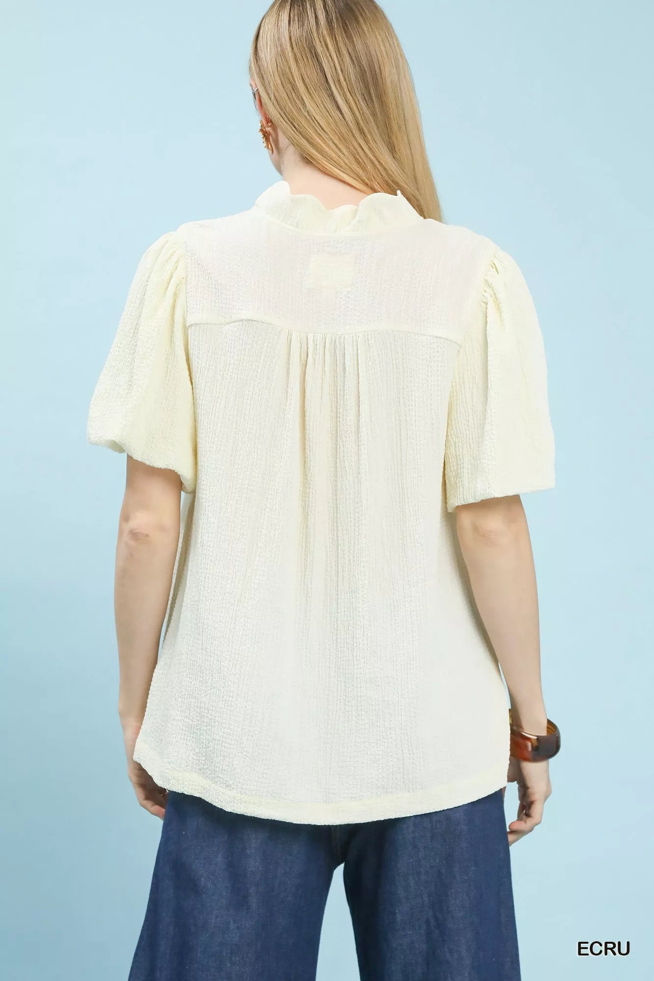 Umgee Blouse Ecru Seersucker Puff Sleeve Short Sleeve Top e1d193bf-5a33-4ac9-8403-819290428bb9-Max-Origin Trendsi