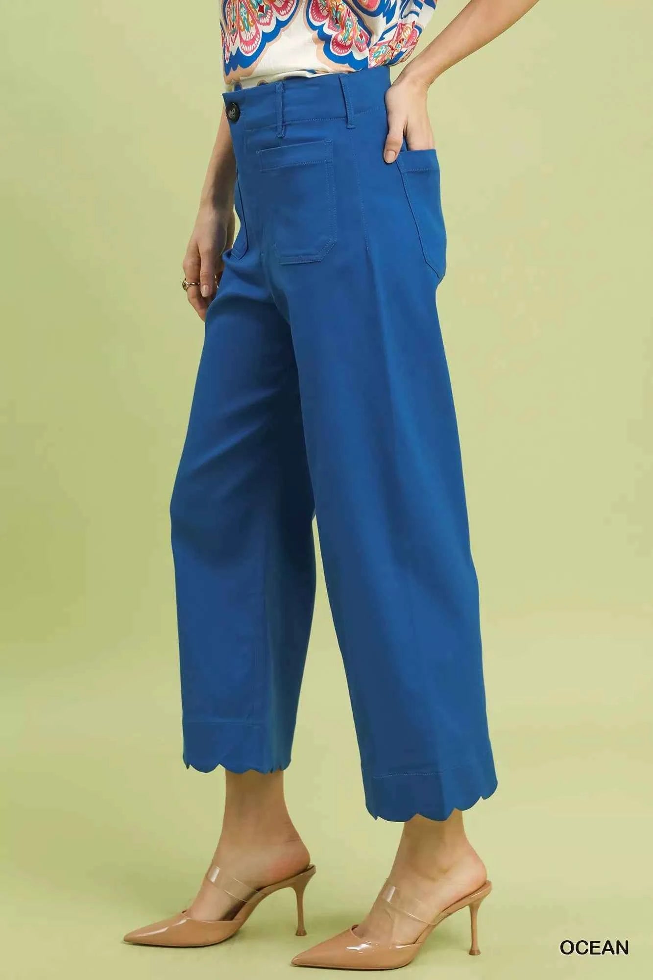 Umgee Wide Leg Pants Cropped Blue Scallop Hem with Front Pockets e1d6c2f0-4b0b-41cf-b30c-a9da96c4f3fe-Max-Origin Trendsi