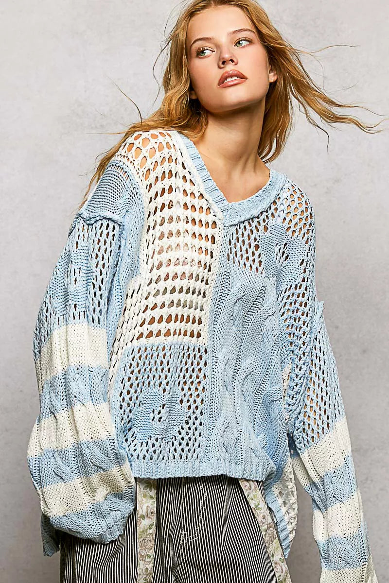 POL Womens Sweater Sky Blue Knit Color-Block Stripe Pattern Top Twisted Weave e1e2fb8e-299f-4b9b-b31a-1af3125e1589-Max-Origin Trendsi