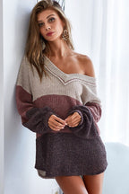 BiBi Knit Top Color Block V-Neck Out Stitching Long Sleeve Pullover e1e60e30-5d63-4433-b80f-3422d85ecfb2-Max Trendsi
