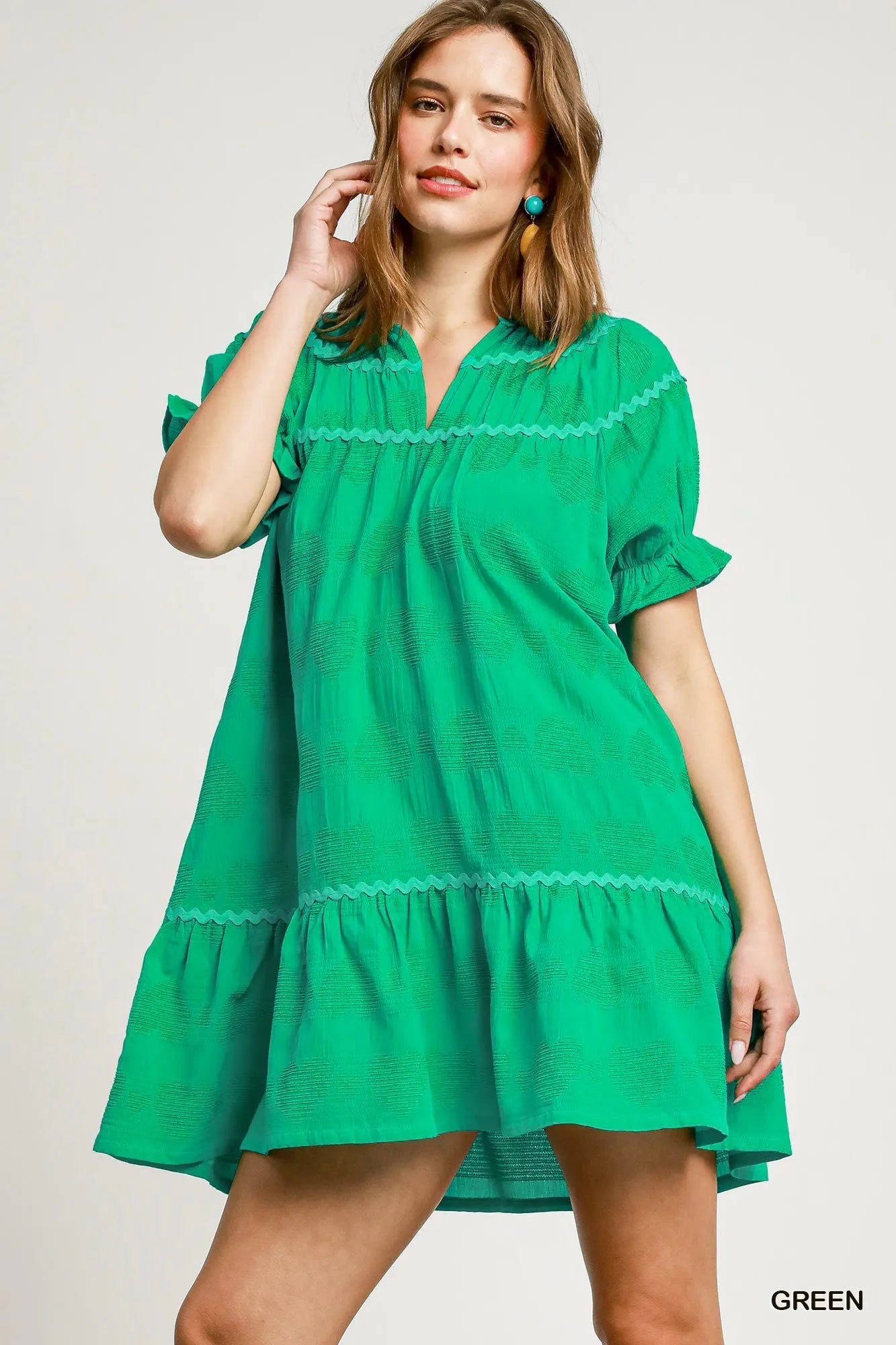 Umgee Babydoll Dress Green Heart Pattern Short Sleeve Ruffle Smocked Green e1f8f9c2-8dee-4521-9a67-13293ac4f865-Max-Origin Trendsi
