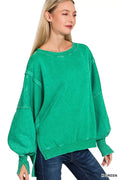 Zenana Fleece Sweatshirt Green Acid Washed Batwing Sleeve Womens Top K GREEN e1ff24e70d8b4c82aca26bd68f3f08db-Max-Origin Trendsi