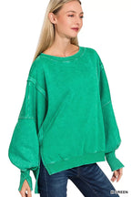 Zenana Fleece Sweatshirt Green Acid Washed Batwing Sleeve Womens Top K GREEN e1ff24e70d8b4c82aca26bd68f3f08db-Max-Origin Trendsi