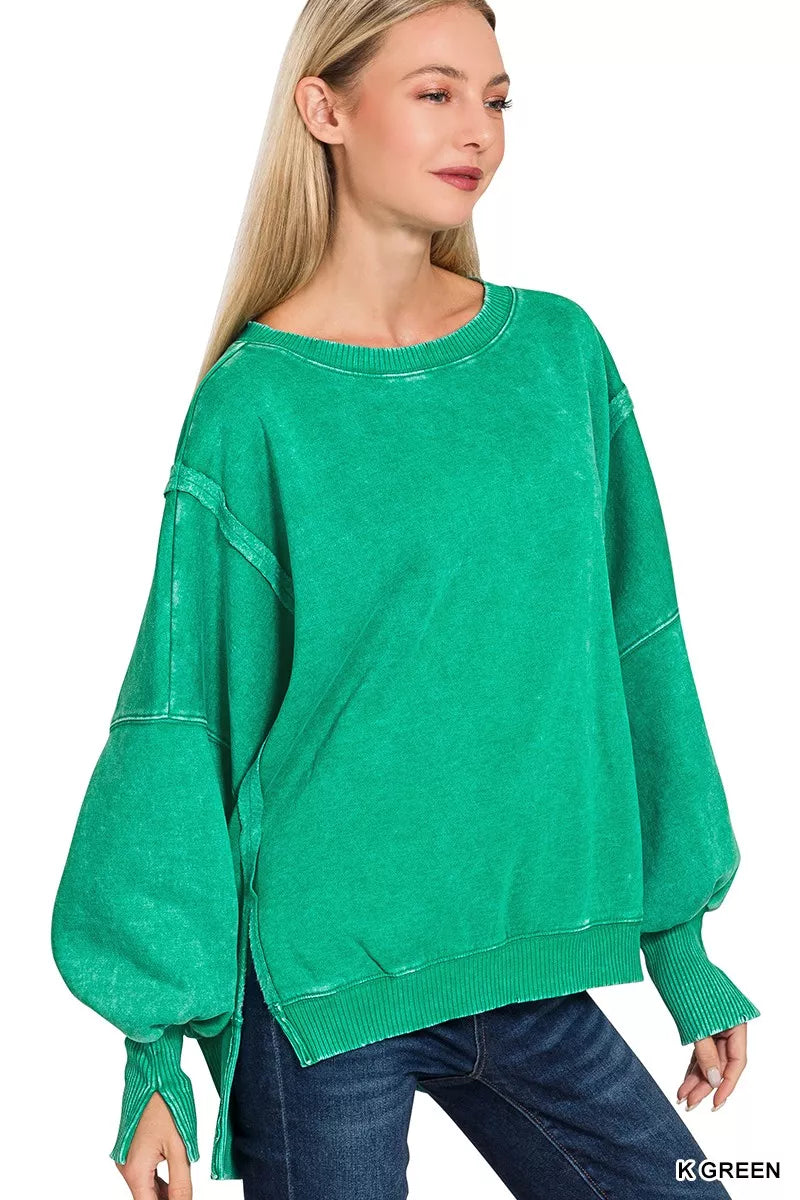 Zenana Fleece Sweatshirt Green Acid Washed Batwing Sleeve Womens Top K GREEN e1ff24e70d8b4c82aca26bd68f3f08db-Max-Origin Trendsi