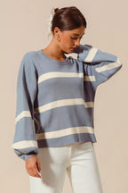 SO ME Womens Sweater Dusty Blue Ribbed Striped Round Neck Pullover e206310d2b5d4270a95ea18181344aca-Max-Origin Trendsi