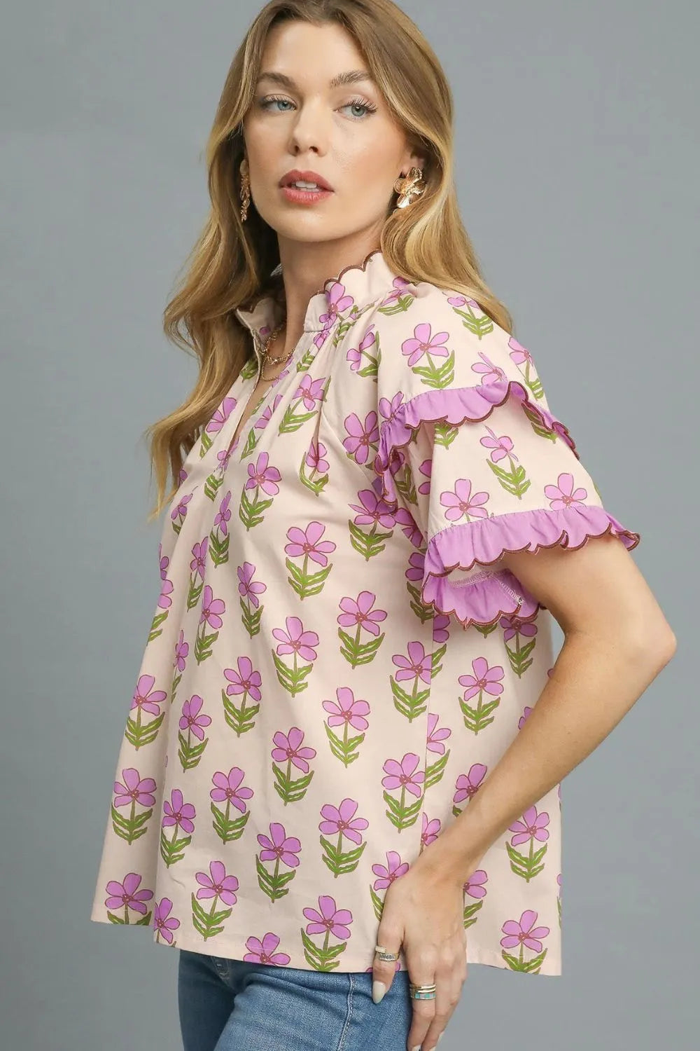 Umgee Blouse Pink Purple Floral Print Ruffle Short Sleeve Cotton Top e21313b6-5c3e-4e46-97ce-129bfee7a463-Max-Origin Trendsi