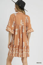 Umgee Mini Dress Mocha Boarder Print Tassel Tie Neck Ruffled e216dfc8-0336-46d2-addf-22f70b2686c8-Max-Origin Trendsi