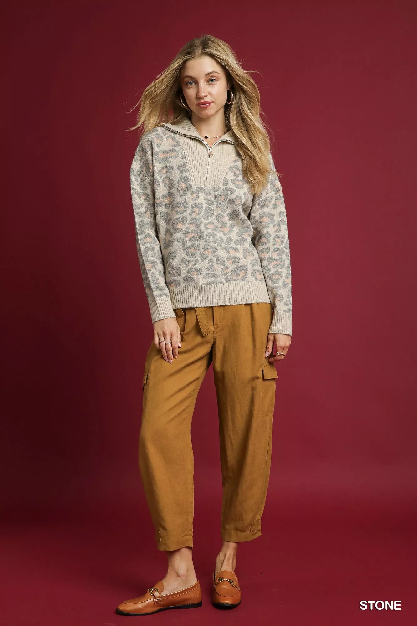 Umgee Leopard Women's Sweater Quarter-Zip Collared Knit Pullover e21d8d7c-4e99-4f99-998d-8379ac255d5c-Max-Origin Trendsi