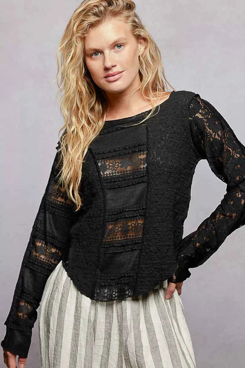 POL Round Neck Long Sleeve Exposed Seam Top with Lace Detail