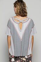 POL Womens T-shirt Gray Short Sleeve Contrast Stitch Top with Back Strap e222a18c-ef8b-474a-8c6b-60582b1c9bb2-Max-Origin Trendsi