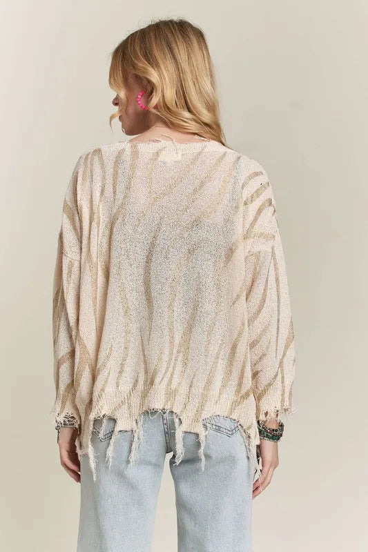 ADORA Knit Top Distressed Zebra Ivory Gold Raw Hem Fringe Long Sleeve e228dbef6abe4e70b7591215ae2e04e6-Max-Origin Trendsi