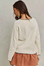 SO ME Horse Sweater Top Ivory Knit with Blanket Stitch Long Sleeve e25128bd5f5b4c89ac79b9bf339f051b-Max-Origin Trendsi
