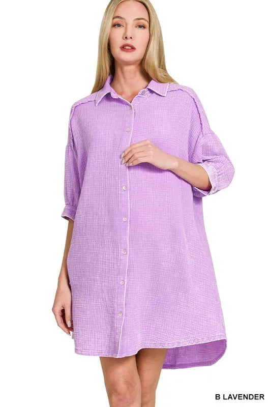 Zenana Shirt Dress Lavender Washed Double Gauze Oversized Pocketed B LAVENDER e252074c11784b97a3050efc9074e2b4-Max-Origin Trendsi