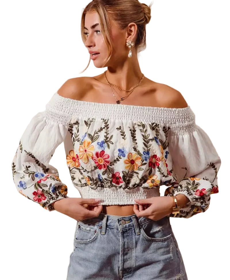 SO ME Floral Embroidered Off The Shoulder Crop Top