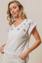 BiBi Cotton T-shirt Slub Jersey Rhinestone Flowers Beaded V Neck Top e25951723b8d4139b366fddecaf1dc89-Max-Origin Trendsi