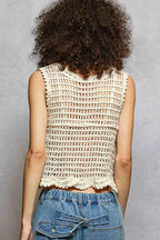 POL Floral Round Neck Cropped Crochet Sleeveless Top with Scalloped Edge