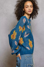 POL Womens Sweater Blue Floral Pattern Round Neck Balloon Sleeve Pullover e2658d20-9892-481d-9cb9-b2fe223d6dba-Max-Origin Trendsi