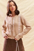 SO ME Women Cardigan Sweater Beige Knit Front Lace Trim Button Lonf Sleeve OATMEAL e26ac15c6d094f7f8eca7d48bade472a-Max-Origin Trendsi