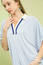Umgee Blouse Light Blue Contrast Collar V-Neck Top Short Sleeve e2751802-9a40-4dc7-b69b-f71c16226fbd-Max-Origin Trendsi