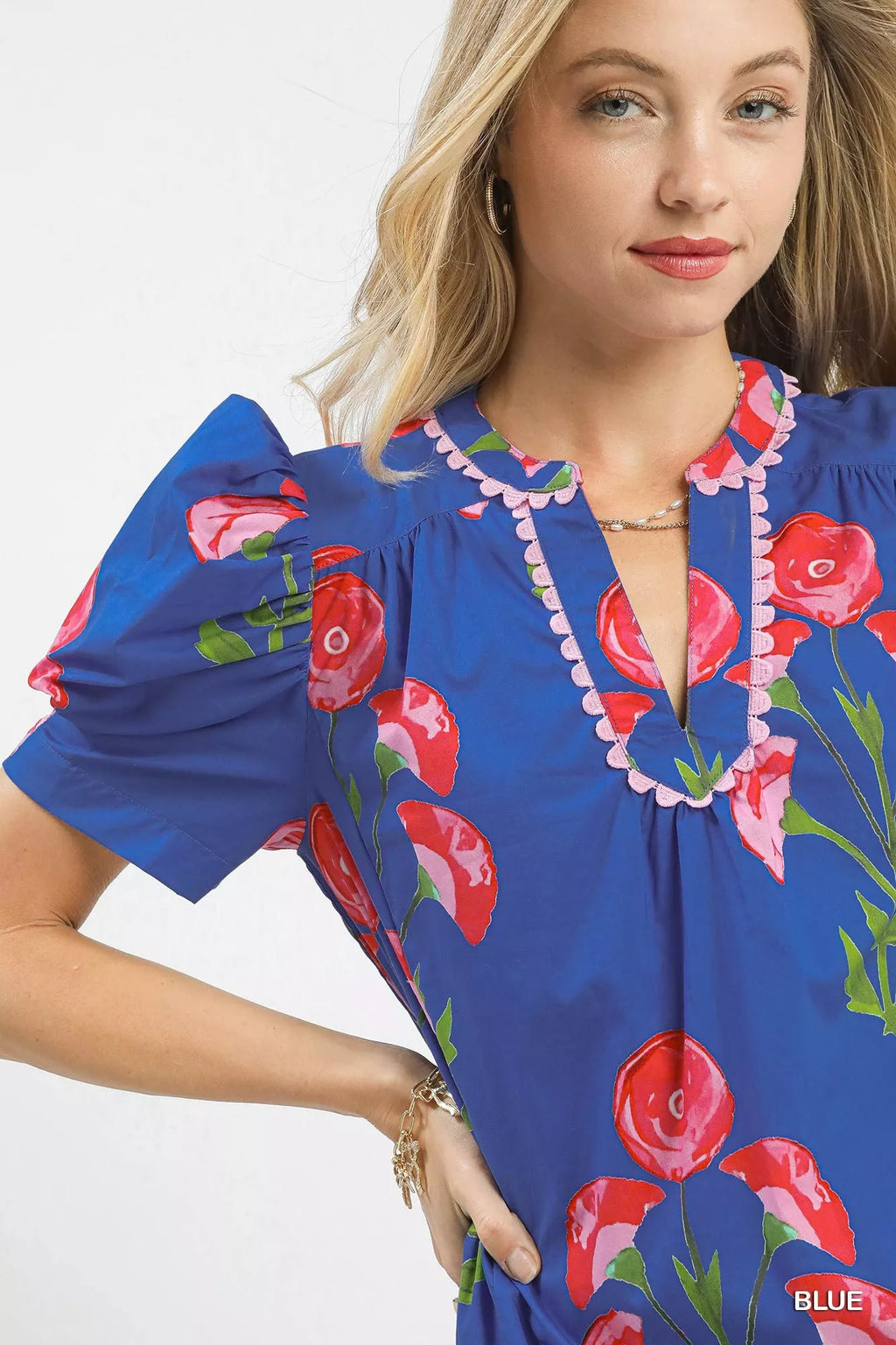 Umgee Mini Dress Blue Floral Print Puff Short Sleeve with Scallop Trim e27813e5-8b70-4613-83ee-c4e25ceed4dc-Max-Origin Trendsi