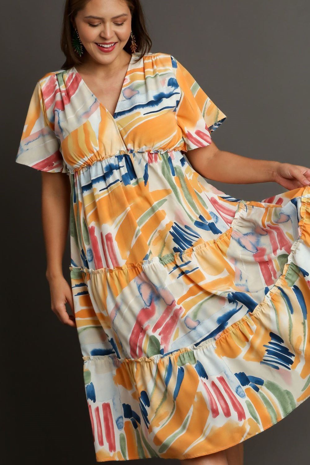 Umgee Midi Dress Abstract Colorful Print Flutter Short Sleeve Frill Tiered