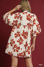 Umgee Babydoll Dress Floral Rust Two Tone Print Tie-Neck Short Sleeve e27dddbb-5b91-4146-96a6-cf888a08e07a-Max-Origin Trendsi