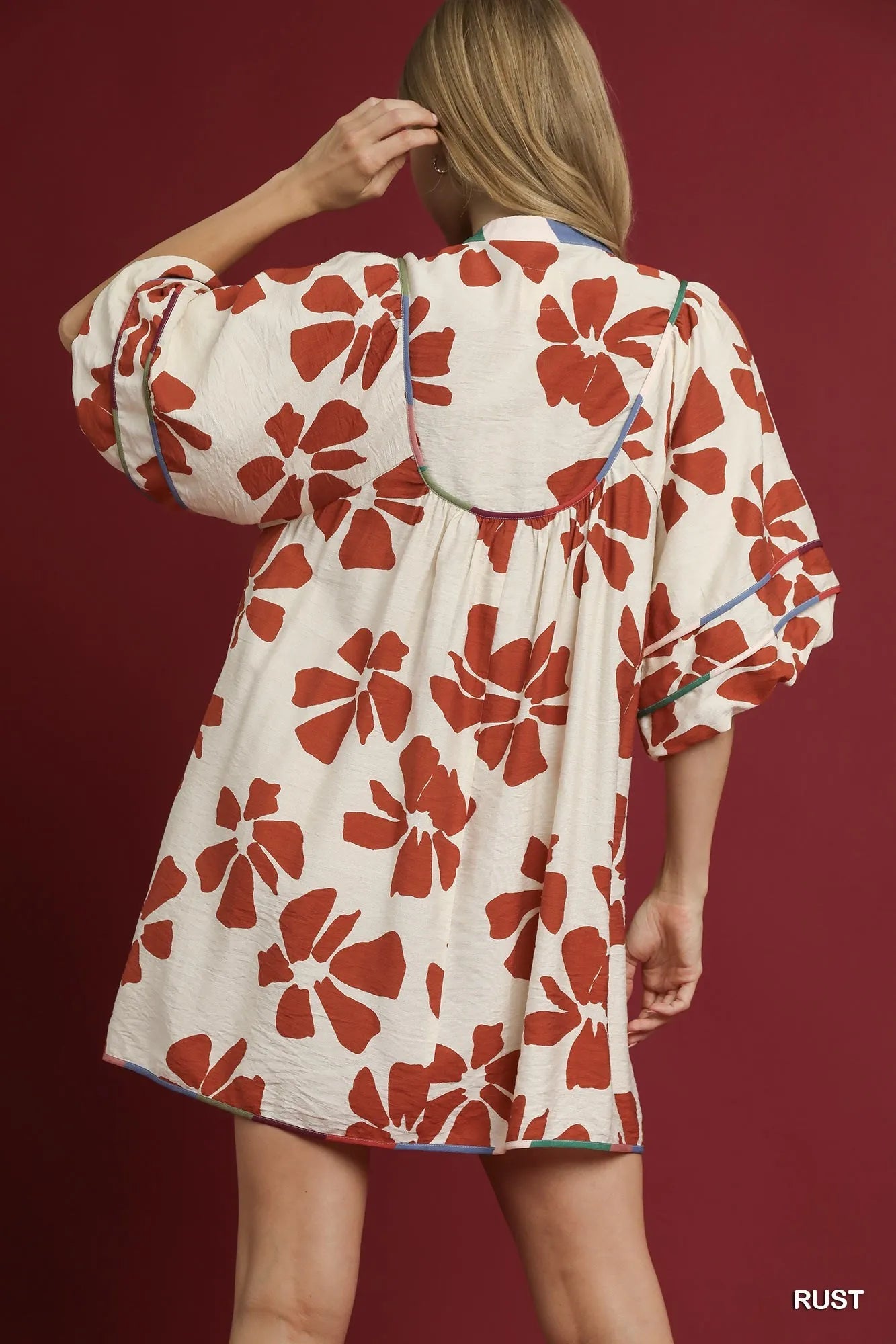 Umgee Babydoll Dress Floral Rust Two Tone Print Tie-Neck Short Sleeve e27dddbb-5b91-4146-96a6-cf888a08e07a-Max-Origin Trendsi