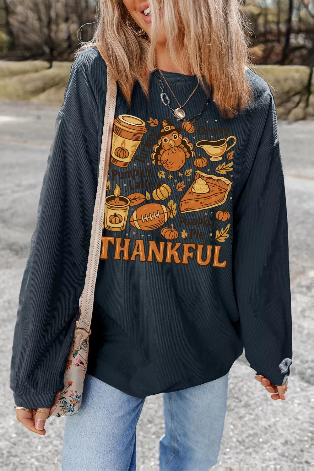 Women's Sweatshirt Thankful Thanksgiving Graphic Long Sleeve Top Dark Gray e2852777-6683-42f6-9047-9ee983755529-Max-Origin Trendsi