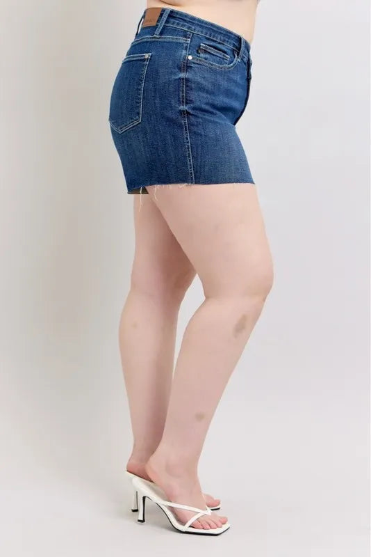 Judy Blue Denim Shorts Plus Size High Waist Criss-Cross Waistband Dark Blue e289ea7c4e224ba585277501074fd393-Max-Origin Trendsi
