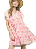 Umgee Mini Ruffle Dress Pink Mix Printed Flutter Short Sleeve Casual Dress