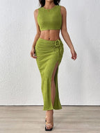 Perfee Outfit Set Cropped Tank & Ruched Midi Skirt Side Slit Lime 2 Pcs Lime e2b92c11-7bbd-46ad-986f-d2e5324b1e68-Min Trendsi