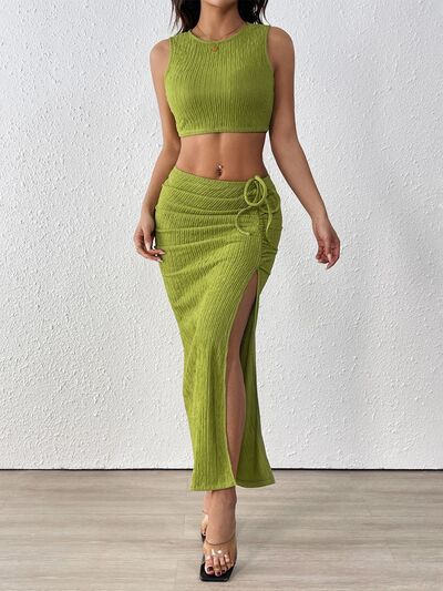Perfee Outfit Set Cropped Tank & Ruched Midi Skirt Side Slit Lime 2 Pcs Lime e2b92c11-7bbd-46ad-986f-d2e5324b1e68-Min Trendsi