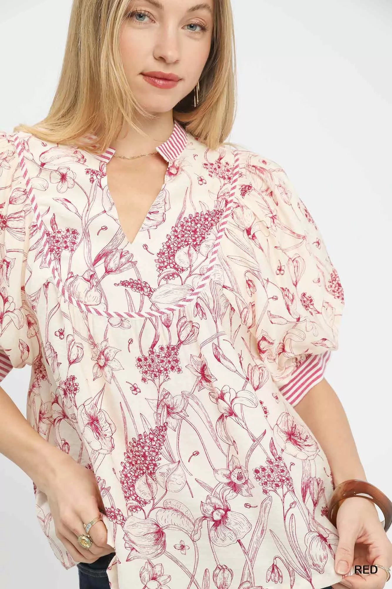Umgee Blouse Red Mixed Print Puff Short Sleeve Split Neck Top e2bfc29c-22e5-4df0-b259-4669a329af17-Max-Origin Trendsi