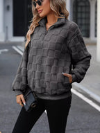 Womens Sweatshirt Cozy Checkered Fleece Dark Gray Quarter Zip Top e2c5ff4af5f947a1b1c94f6ab9e7e73a-Max-Origin Trendsi