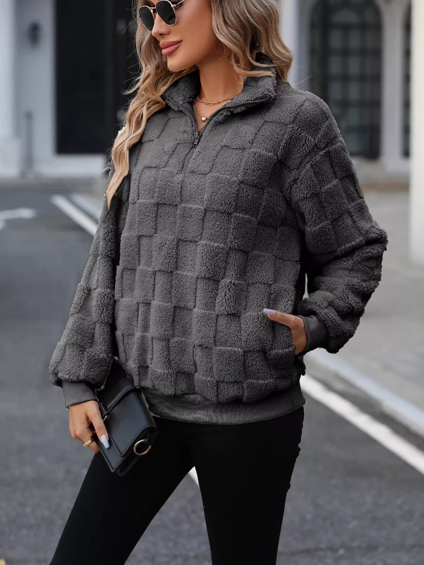 Womens Sweatshirt Cozy Checkered Fleece Dark Gray Quarter Zip Top e2c5ff4af5f947a1b1c94f6ab9e7e73a-Max-Origin Trendsi