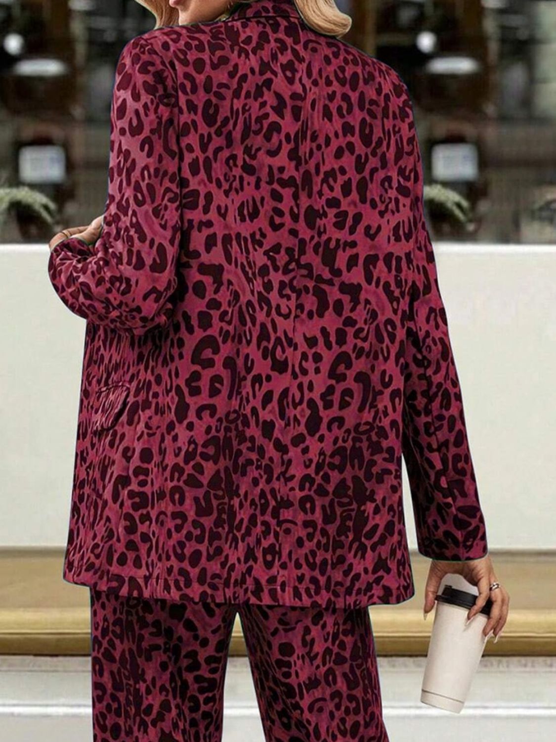 Leopard Lapel Outfit Suit Set Collar Long Sleeve Blazer and Pants Set 2 Pcs